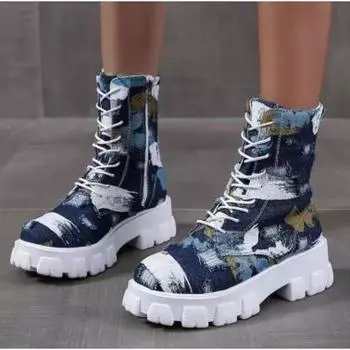 Мода Новые универсальные осенние камуфляжные ботинки средней длины Женские парусиновые кроссовки Высокие дышащие мотоциклетные ботинки на толстой подошве 36 синий
