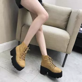 Модные новые ботильоны женские шнурованные мотоциклетные ботинки квадратный каблук повседневная обувь осенние туфли на платформе каблуки кожаные короткие ботинки rtg5 6 чёрный