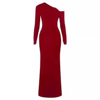Fashion New Arrival Sexy Diagonal Collar Sunken Stripe Pure Color Tight Dress Sexy Slanted Collar Dress Red S
