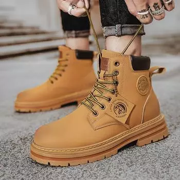 Fashion New autumn spring yellow boots lovers work boots big round head shoes men s motorcycle abkle boots shoes D319 39 зелёный