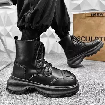 Мода Новинка Осень/Зима 2024 Мужская повседневная обувь с высоким берцем, теплая, модные ботильоны для мужчин в британском стиле, кожаные ботинки на толстой подошве для снега 39 чёрный