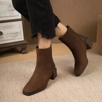 модные новые осенние женские сапоги с квадратным носком и средним каблуком для женщин с застежкой-молнией до середины голени современные сапоги для активного отдыха на нескользящей платформе 35 чёрный