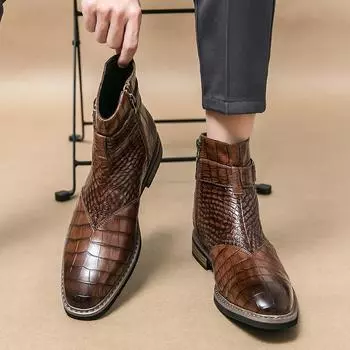 Модные новые коричневые мужские ботинки на молнии с каменным узором, черные, с круглым носком, короткие деловые ботинки для мужчин, размер 38-46, мужские ботинки 38 чёрный