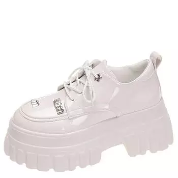 fashion New Casual Chunky Sneakers Women Autumn Leather Shoes Lace-up Platform Sneakers 8.5CM Wedges High Heels Vulcanized Shoes Woman 34 бежевый