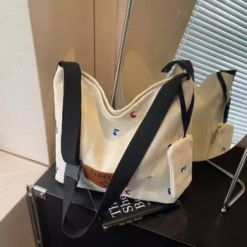 Fashion new embroidered tote bag canvas women s bag large capacity shoulder bag trend messenger bag student чёрный