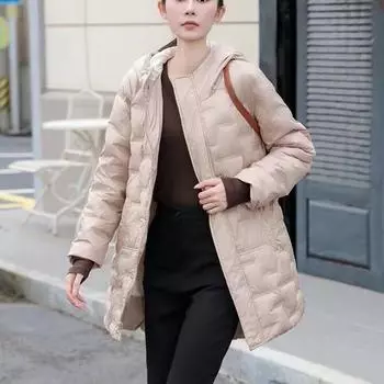 FASHION new fashion pressed glue light down jacket women s medium long thin white duck down light jacket trendy Clothes M чёрный