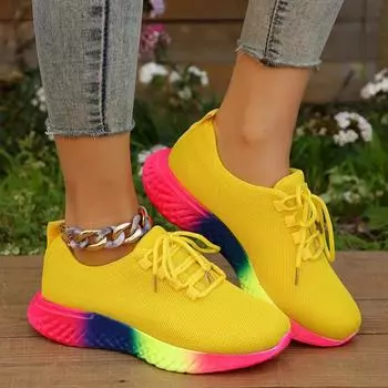 fashion New Fashion Women Rainbow Sports Shoes Lightweight Comfortable Thick Sole Lace Up Running Shoes Woman Elastic Casual Shoes 36 белый