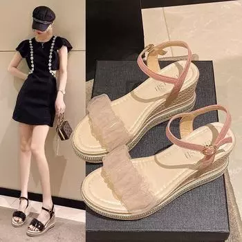 fashion New Female Ankle Strap Buckle Roman Sandals Summer Women Platform Beige High Heels Fashion Ladies Clogs Wedges Round Toe Shoes 35 бежевый