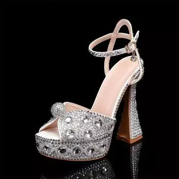 Fashion New Fish Mouth High Heels Women s Shoes Thick Heels 14cm Water Diamond Pearl Single Shoes Fashion Banquet Bridal Wedding Shoes 35 серебряный