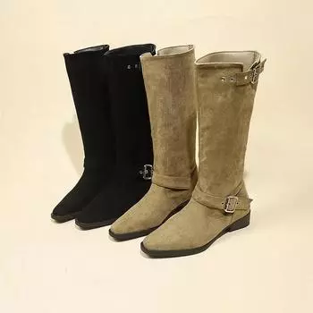 Модные новые сапоги в стиле вестерн-ковбой-рыцарь из флока для женщин, дизайнерские туфли на мягкой подошве для женщин на платформе, модные сапоги до колена для женщин 35