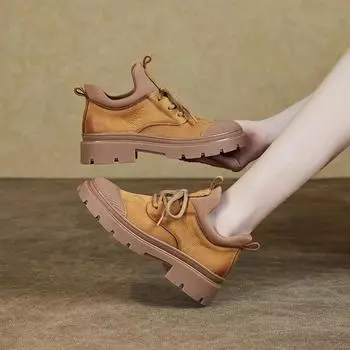 Модные новые женские ботинки из натуральной кожи 2024 года, осень/зима, толстая подошва, британские короткие ботинки для женщин, дышащие желтые ботинки 35 серый