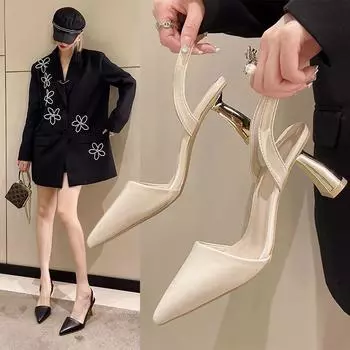 fashion New High Heels Leather Footwear Thin Summer Pointed Toe Women s Shoes Beige Sandals for Woman Office Work Outdoor Comfort Sandal 35 бежевый