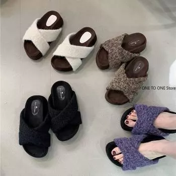 Fashion New House Blue Furry Slipper Women Winter Women Cross Fluffy Fur Home Slide Flat Indoor Floor Shoes Ladies FlipFlops Woman Shoes 35 коричневый
