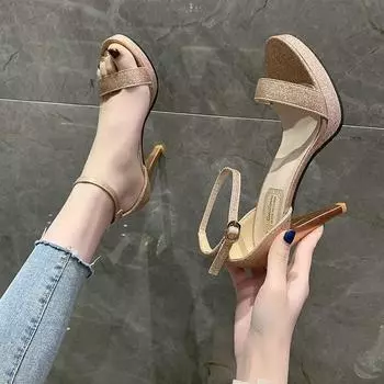 Fashion New Ladies High Heel Glitter Thin Heel Fish Mouth Buckle Women s Sandals Summer Fashion Woman s Wedding Shoes 34 чёрный