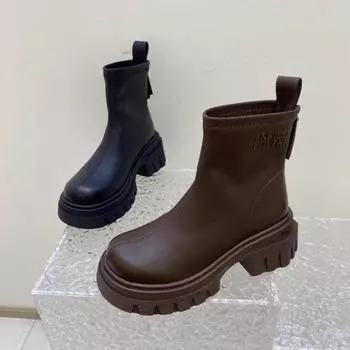 fashion New Ladies Shoes Med Heel Boots Boots for Women 2024 Autumn Winter Ladies Mid PU Solid Color Women s Footwear Botines Mujer 35 чёрный