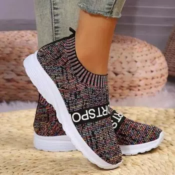 Fashion New Large Size Sports Shoes for Women s Autumn 2024 New Flat Casual Elastic Belt Flying Weaving Slip on LightWeight Sneakers 35 серый