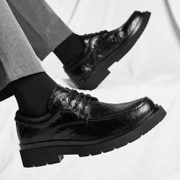 Fashion New Leather Platform Oxfords Slip On Thick Tottom Male Derby Shoes Casual Black Loafers Mens Square Toe Formal Dress Shoes Men 38 чёрный