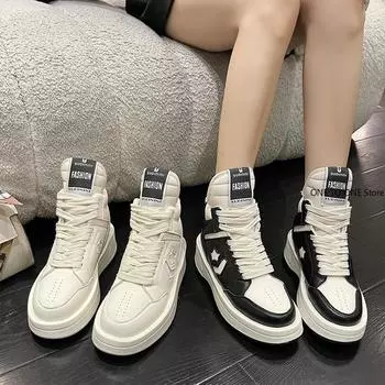 Модные новые женские кроссовки из натуральной кожи с высоким берцем, толстая подошва, повседневные, с круглым носком, спортивные, теннисные, белые, на шнуровке 35 белый