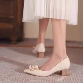 Fashion New Low Heel Fashion Ladies High Heel Shoes 2024 Fashion Pointed Toe Wedding Shoes Women Outdoor Fashion Bridesmaid Shoes 34 шампанского