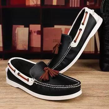 Fashion New Men Handmade Loafers Shoes with Genuine Leather Colored Tassel Decoration Soft Sole Comfortable Driving Single Shoes 39 чёрный