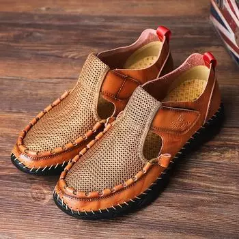 Fashion New Men s Handmade Leather Mesh Splicing Sandals Summer Classic Black Beach Sandals Fashion Casual Slippers 38 коричневый