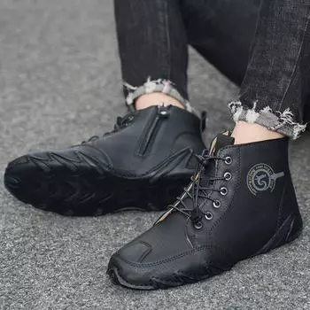 Fashion New Men s Quality Leather Ankle Boots Men Sneakers Outdoor Lace-Up Casual Shoes Fashion Winter Plus Velvet Casual Driving Boots 38 светло-коричневого