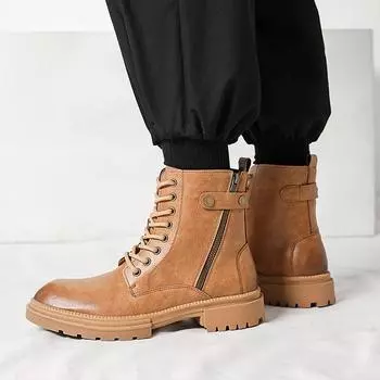 Модные мужские кожаные туфли с круглым носком и высоким верхом Модные британские ботинки для отдыха на природе Прогулочные мотоциклетные мужские ботинки на толстой подошве 38 коричневый