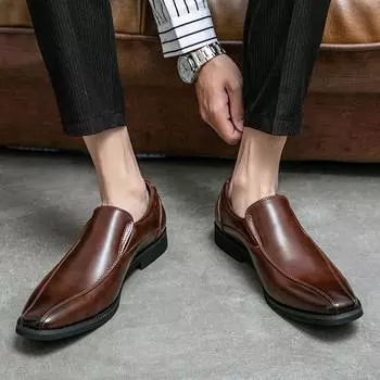 Fashion New Men Wedding Casual Leather Shoes Pointed Leather Formal Men Business Shoes Handmade Anti-slip Wearable Loafers Shoes 38 чёрный