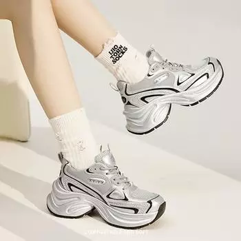 Fashion New Mesh Breathable Thick Sole Increased Leather Trendy Lightweight Casual Sports Shoes For Women Casual Sports Shoes Size 35-40 35 серебряный серый