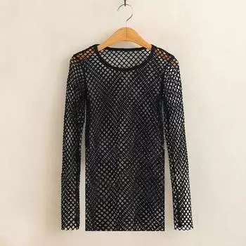 Fashion New Mesh Hollow out Long Sleeves Tops round Neck Hip Hop Inner Casual Mesh Fashion High Waist plus Size Blouse Black S