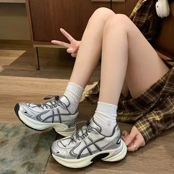 Fashion New Outdoor Lightweight Women s Lace-up Casual and Comfortable Sneakers Women s Thick-soled Breathable Non-slip Sports Shoes 35 серебряный