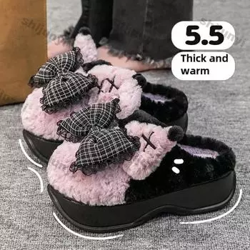 Модные новые женские плюшевые тапочки с бантом, теплые мягкие тапочки, женские толстые зимние домашние туфли из хлопка, женские тапочки с обхватом носка 36-37 розовый