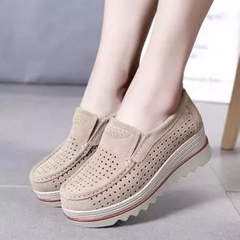 fashion New Platform Women Shoes Moccasins for Comfortable Loafers Leather Suede Hollow Out Flats Sneakers Zapatillas Mujer 36 бежевый
