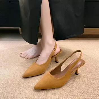 Мода Новые Острый Носок Сексуальные Туфли На Среднем Каблуке Вечерние Туфли Женские Сандалии Дизайнерские Летние Брендовые Туфли-Лодочки Повседневные Туфли Слингбэк Платье Рабочая Обувь 35 бежевый