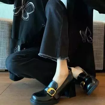 Fashion new retro square head thick heel one pedal high heel small leather shoes women s shoes children 35