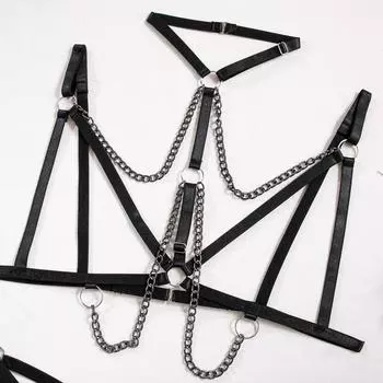 Мода Новое сексуальное эротическое нижнее белье с открытой грудью, комплект из трех предметов с тяжелой промышленной строчкой и металлической цепочкой на шее S