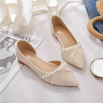 Fashion New shallow mouthed pointed flat bottomed side air fairy style gentle temperament work single shoes casual women s flat shoes 35 бежевый