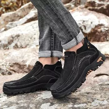 Fashion New Slip on Men Casual Boots Mens Comfortable Sneakers Genuine Leather Male Comfortable Hiking Shoe Mens Slip on Ankle Boots 38 светло-коричневого
