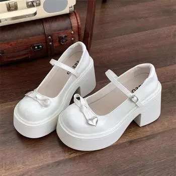 Fashion New Solid Color Bowknot Lolita Shoes Women s Chunky Heeled Mary Jane shoes Women s Elegant Platform party Dress pumps 4.5 чёрный