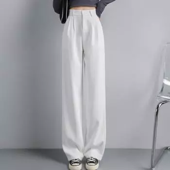 Fashion New Solid Straight Casual Wide Leg Pants Women Elegant Slim Fit High Waist Suit Pants Women Pockets Simple Office Ladies Trousers 25896 XS чёрный