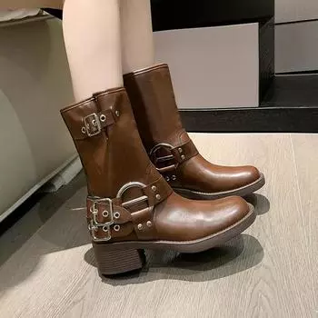 Fashion New Spring and Autumn Women s Leather Retro Brown Women s Boots Fashionable Belt Buckle Temperament Round Head High Barrel Boots 38 чёрный