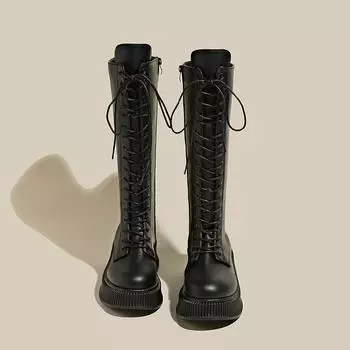 мода Новые весенне-осенние женские ботинки Круглый носок Обувь на платформе для женщин На шнуровке На молнии Современные ботинки Уличные Корейский стиль Обувь для увеличения роста 35 чёрный