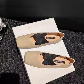 fashion New Spring/Autumn Women s Flats Square Toe Flat Shoes for Women Outdoor Dress Shallow Shoes Slip on Fashion Elastic Band Loafers 35 бежевый