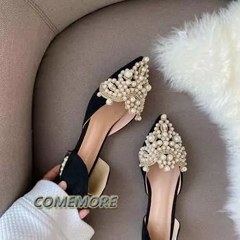 Fashion New Spring Pearl Flats Women Wedding Shoes Pointed Toe Female Dress Moccasins Low Pearl Heel Ladies Fashion Luxury Style Size 43 35 чёрный