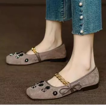Fashion New Square Toe Women s Shoes Flower Decoration Chain Bow Knot Flats for Women Mary Jane Shoes Comfortable Women s Shoes Zapatos 35 абрикосовый