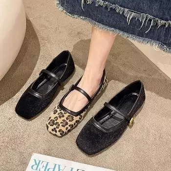 Fashion New Style Design Women s Flats Square Toe Leopard Print Casual Shoes Breathable Slip-on Outdoor Ladies Mary Jane Shoes 35 чёрный