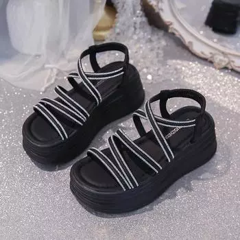 Fashion New Style Round Toe Wedge Cross Strap Platform Women s Shoes Fashion Casual Flat Sandals Chaussure Femme Roman Beach Shoes 35 чёрный
