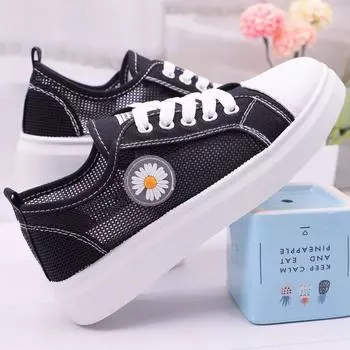 мода новый стиль женские парусиновые кроссовки корейская мода школьницы универсальные кружевные сетчатые туфли маленькая вышивка ромашка запатиллы Mujer 38 чёрный