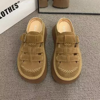 Fashion New Summer Baotou Semi-slippers Women s Platform Soles Woven Roman Beach Sandals Hollow Breathable Sandals 35 хаки