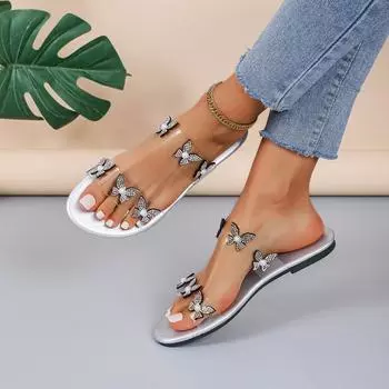 Fashion New Summer Flat Heel Shoes Butterfly Decor Slippers Women‘s Silvery Color Sandals Women s Platform Beach Slippers 38